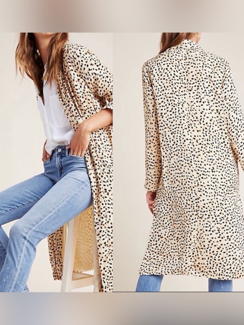 Anthro Beige Leopard Print Long Sleeve Duster